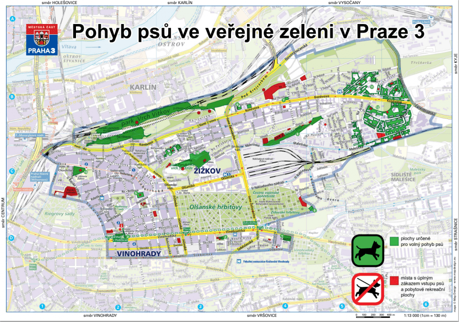 Pohyb psů ve veřejné zeleni v Praze 3